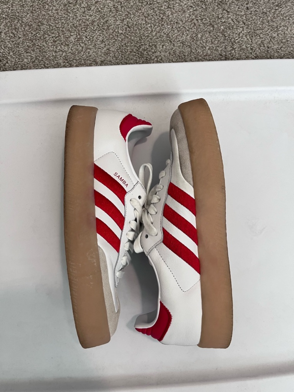adidas White and Red Samba Sneakers with Gum Sole